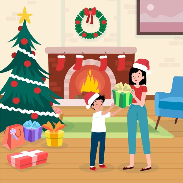 Concepto de escena de chimenea de Navidad en mano dibujado