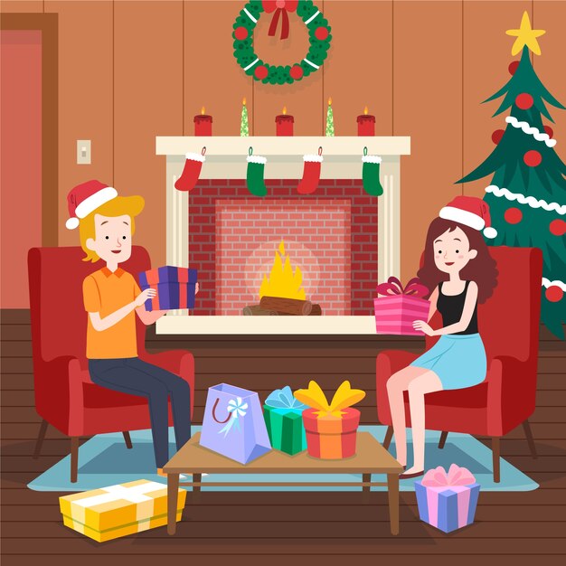 Concepto de escena de chimenea de Navidad en mano dibujado