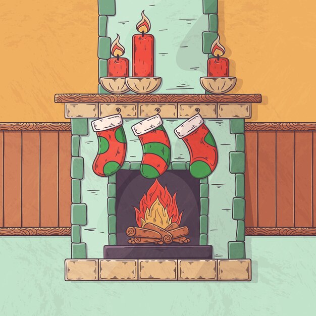 Concepto de escena de chimenea de Navidad en mano dibujado