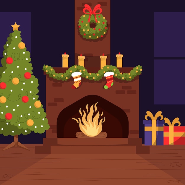 Concepto de escena de chimenea de Navidad en mano dibujado