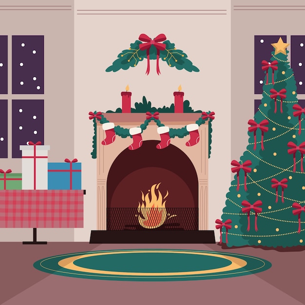 Vector gratuito concepto de escena de chimenea de navidad en mano dibujado