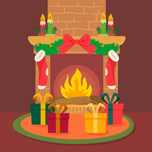 Concepto de escena de chimenea de Navidad en mano dibujado