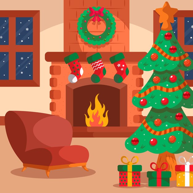 Concepto de escena de chimenea de Navidad en mano dibujado