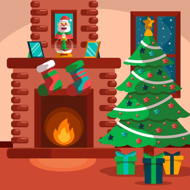 Concepto de escena de chimenea de Navidad en mano dibujado