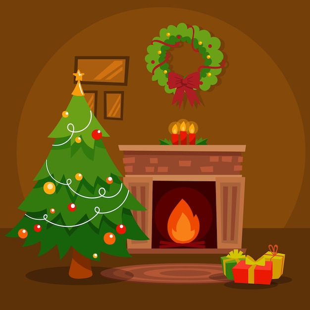 Concepto de escena de chimenea de Navidad en mano dibujado