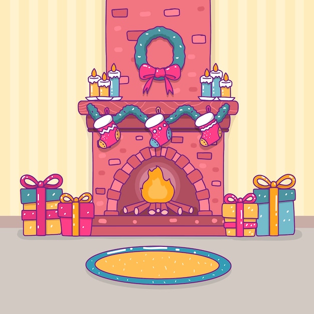 Concepto de escena de chimenea de Navidad en mano dibujado