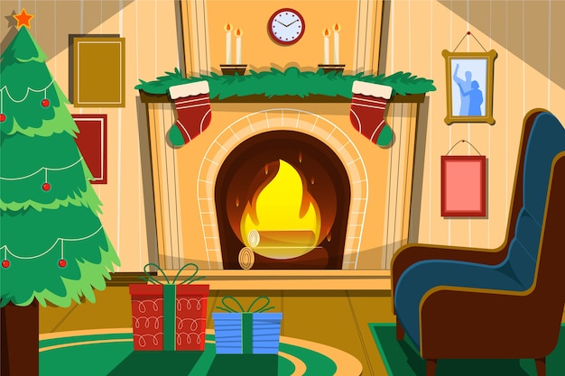Concepto de escena de chimenea de Navidad en mano dibujado