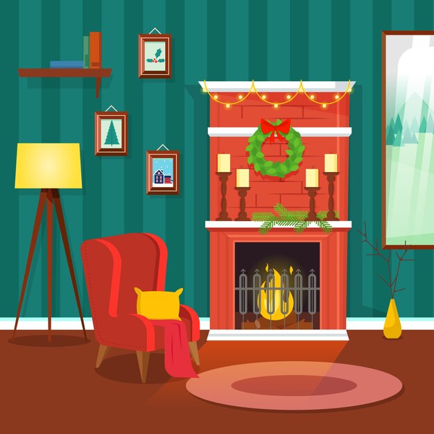 Concepto de escena de chimenea navideña en diseño plano