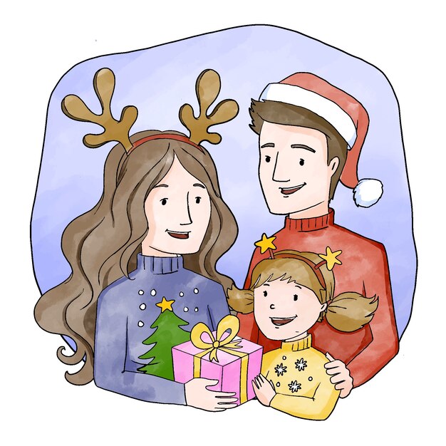 Concepto de escena familiar de Navidad en acuarela