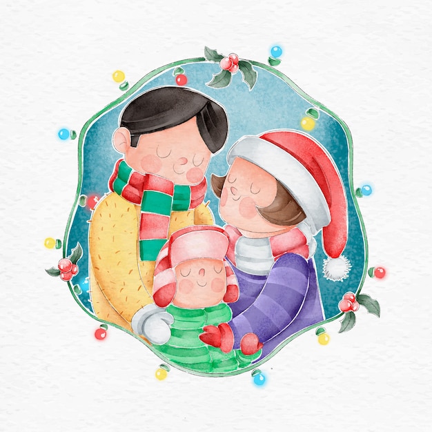 Concepto de escena familiar de Navidad en acuarela