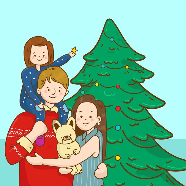 Concepto de escena familiar de Navidad dibujado a mano