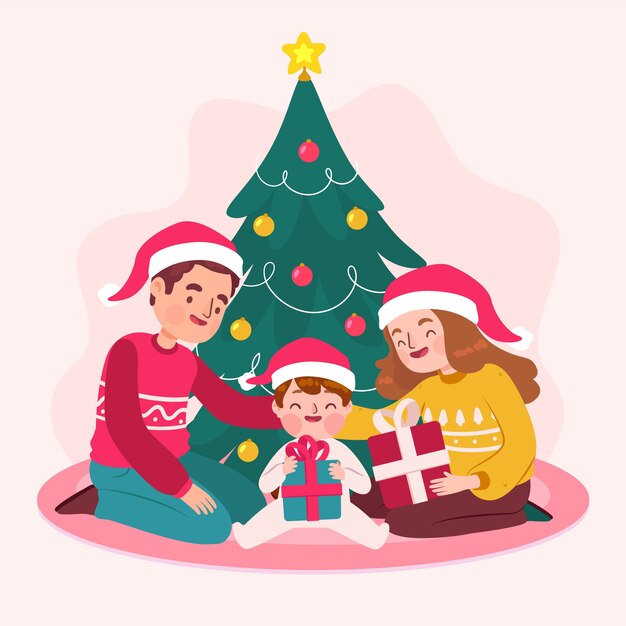 Concepto de escena familiar de Navidad dibujado a mano