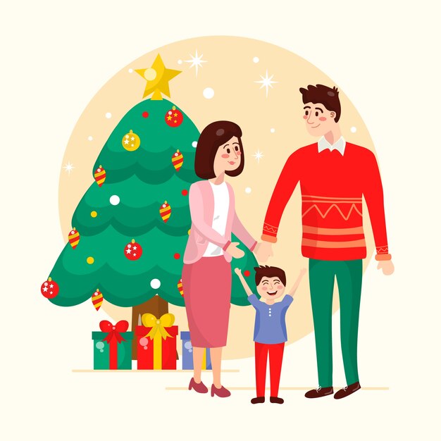 Concepto de escena familiar de Navidad dibujado a mano