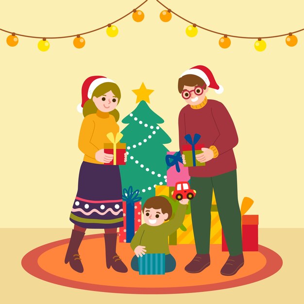 Concepto de escena familiar de Navidad dibujado a mano