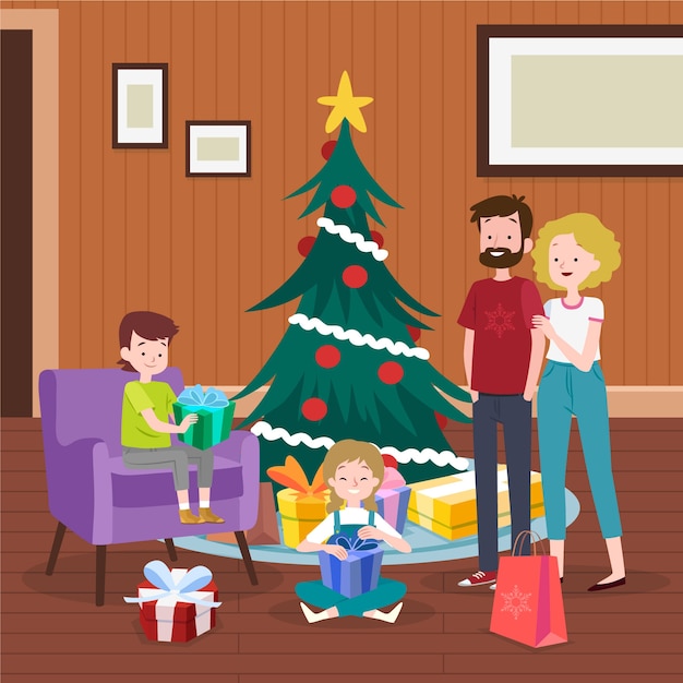 Concepto de escena familiar de navidad dibujado a mano
