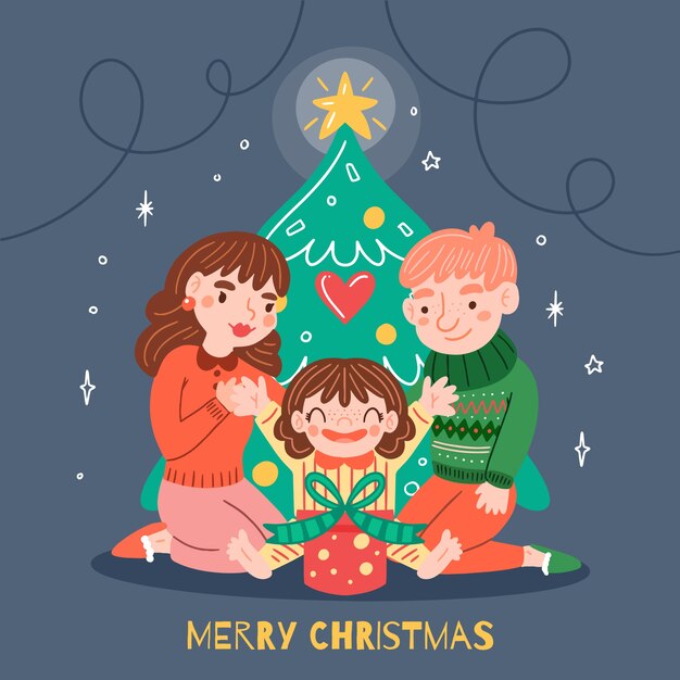 Concepto de escena familiar de Navidad dibujado a mano