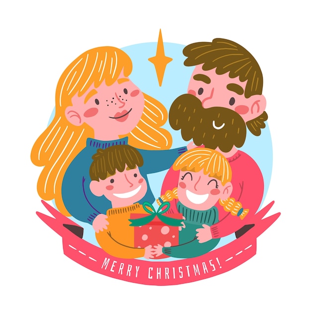 Concepto de escena familiar de navidad dibujado a mano