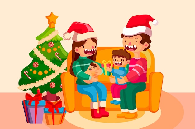 Concepto de escena familiar de Navidad en diseño plano