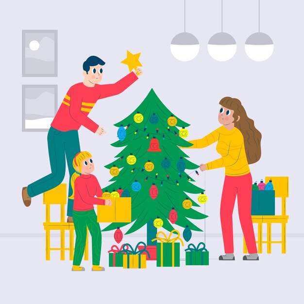Concepto de escena familiar de Navidad en diseño plano