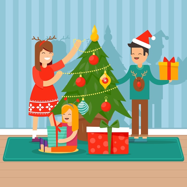 Vector gratuito concepto de escena familiar de navidad en diseño plano