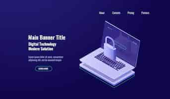 Vector gratuito concepto de escudo isométrico de seguridad de datos, laptop con candado, protección de cuenta, internetwork seguro