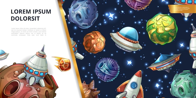 Concepto de espacio colorido de dibujos animados con fantasía planetas meteoros asteroides cohete ovni y nave espacial