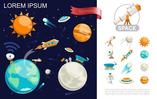 Concepto de espacio plano con planetas, astronautas del sol en la luna, nave espacial, cometas satelitales ovni y coloridos iconos cósmicos