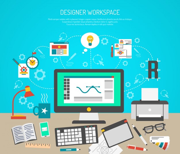 Concepto de espacio de trabajo de diseñador con herramientas planas de diseño gráfico y monitor de computadora