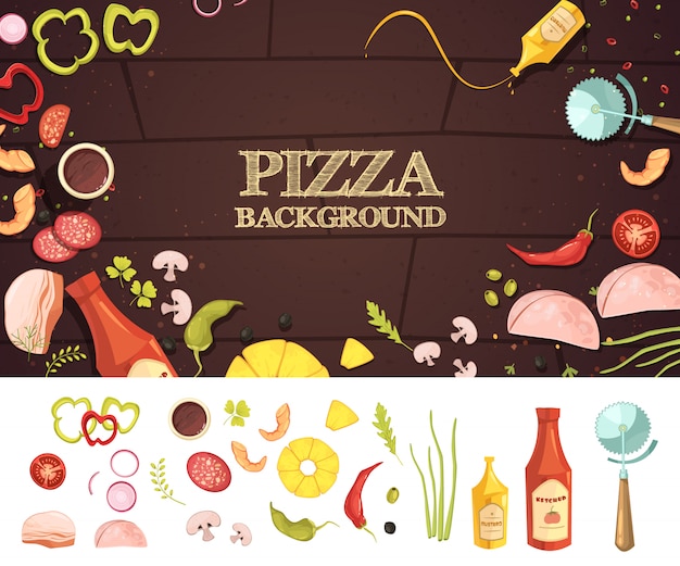 Concepto de estilo de dibujos animados de pizza con ingredientes sobre fondo marrón