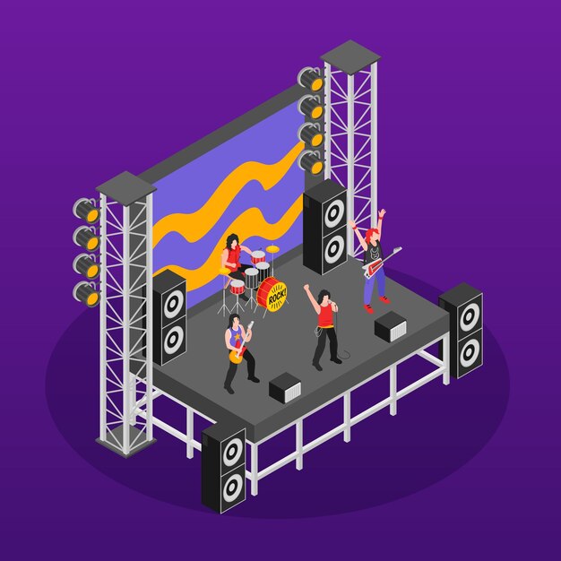 Concepto de estrella de rock con símbolos de concierto de metal ilustración vectorial isométrica