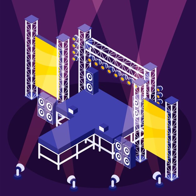 Concepto de estrella de rock con símbolos de escenario de festival de metal ilustración vectorial isométrica