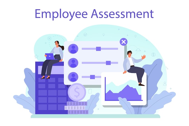 Concepto de evaluación de empleados Formulario de prueba de evaluación de empleados e informe revisión del desempeño del trabajador Desarrollo de empleados de gestión de personal Ilustración de vector plano aislado