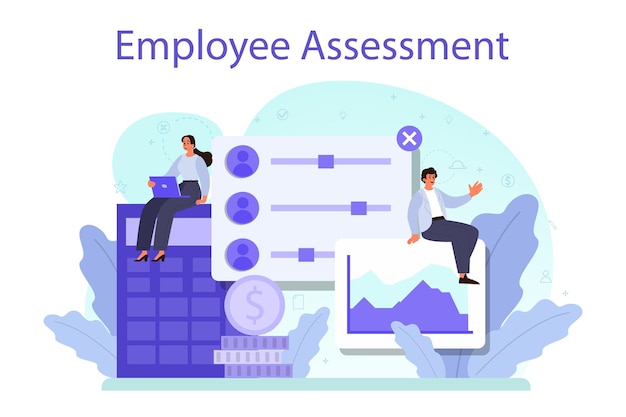 Concepto de evaluación de empleados formulario de prueba de evaluación de empleados e informe revisión del desempeño del trabajador desarrollo de empleados de gestión de personal ilustración de vector plano aislado