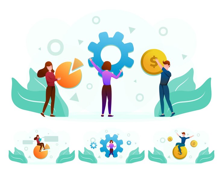 Vector gratuito concepto de éxito empresarial grupo de empresarios que analizan el mercado de datos para la inversión ilustración vectorial de dibujos animados