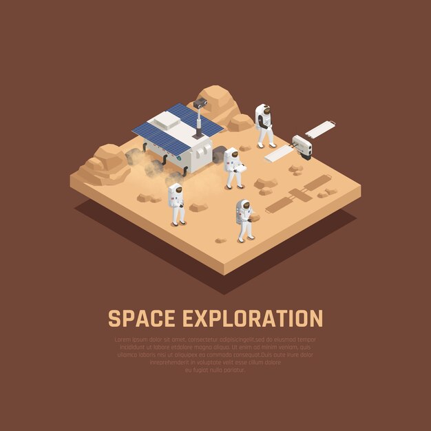 Concepto de exploración espacial con ilustración isométrica de símbolos de investigación planeta sufrace