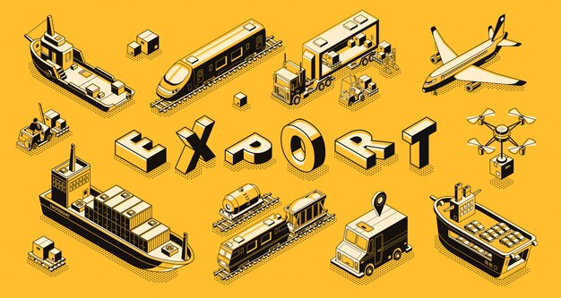 Concepto de exportación de bienes comerciales con aerolínea, carretera y transporte marítimo de carga.