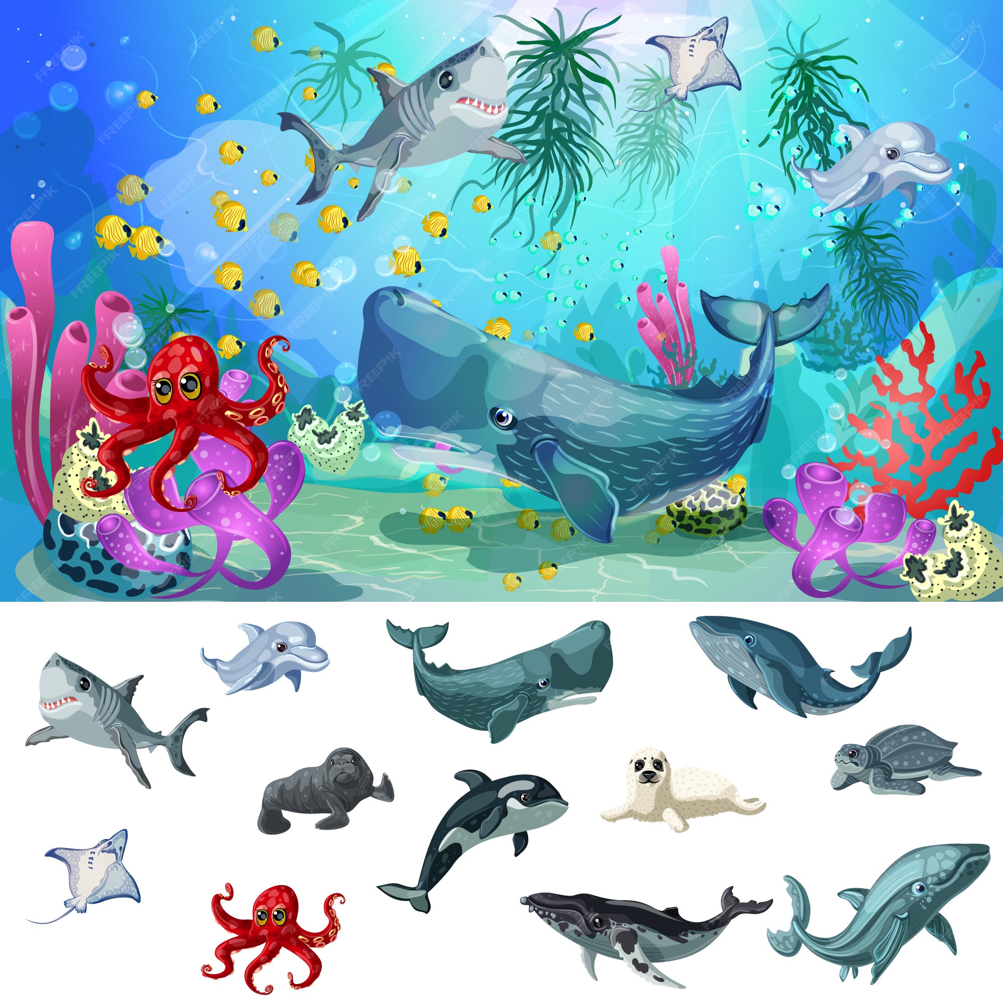 Concepto de fauna de mar y océano de dibujos animados | Vector Gratis