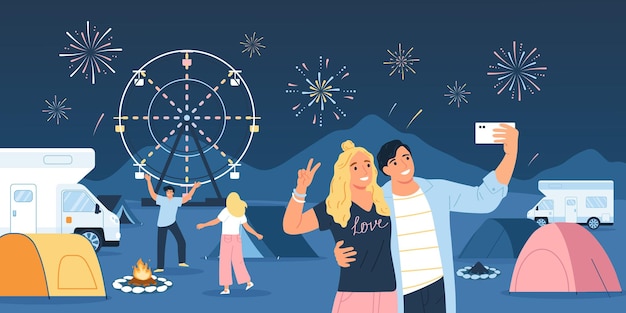 Concepto de festival de música al aire libre con gente feliz viendo fuegos artificiales ilustración vectorial plana