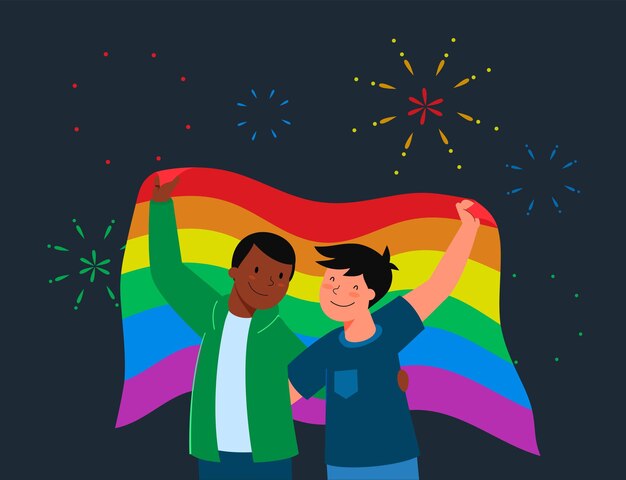 Concepto del festival del orgullo lgbt de prade. Pareja de hombres homosexuales sosteniendo la bandera lgbt.