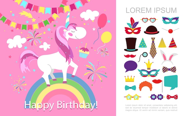 Vector gratuito concepto de fiesta de cumpleaños plana con unicornio en globos de guirnalda de arco iris fuegos artificiales mascarada máscaras sombreros lazos ilustración de burbujas de discurso