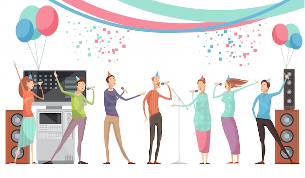Vector gratuito concepto de fiesta de karaoke con un grupo de amigos cantando ilustración vectorial plana