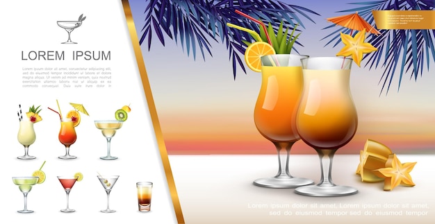 Concepto de fiesta tropical realista con cócteles de piña colada tequila sunrise margarita martini mojito e ilustración de trago