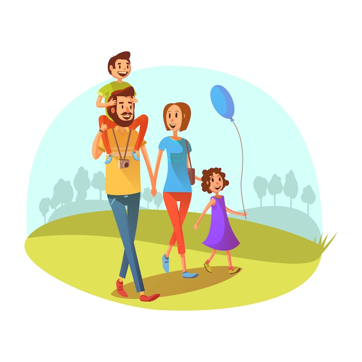 Vector gratuito concepto de fin de semana familiar con padres e hijos caminando ilustración vectorial de dibujos animados
