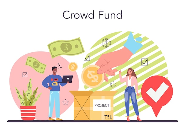 Concepto de financiación colectiva Apoyo financiero de un nuevo proyecto empresarial Inversión en una puesta en marcha innovadora Ilustración vectorial aislada en estilo de dibujos animados