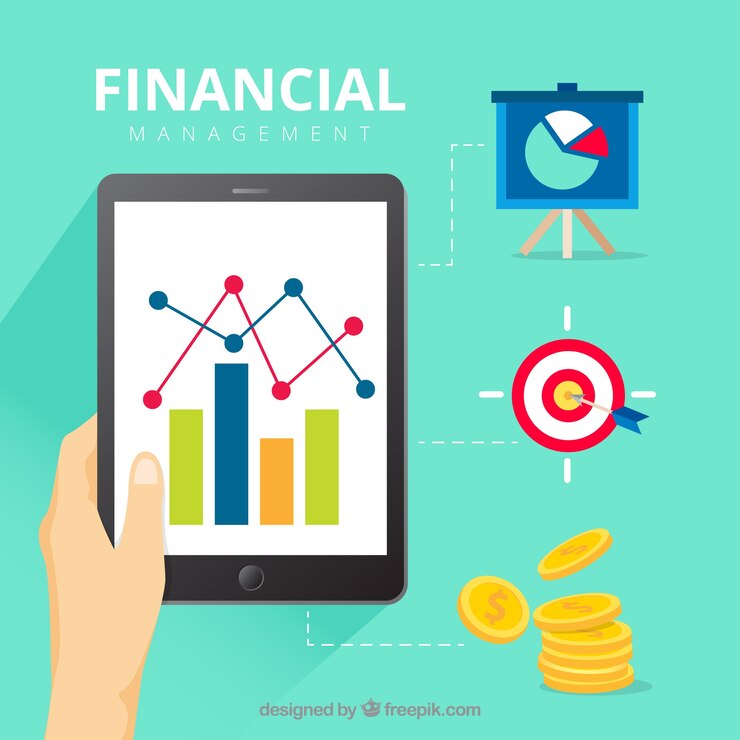 Vector gratuito concepto de finanzas con tablet y elementos
