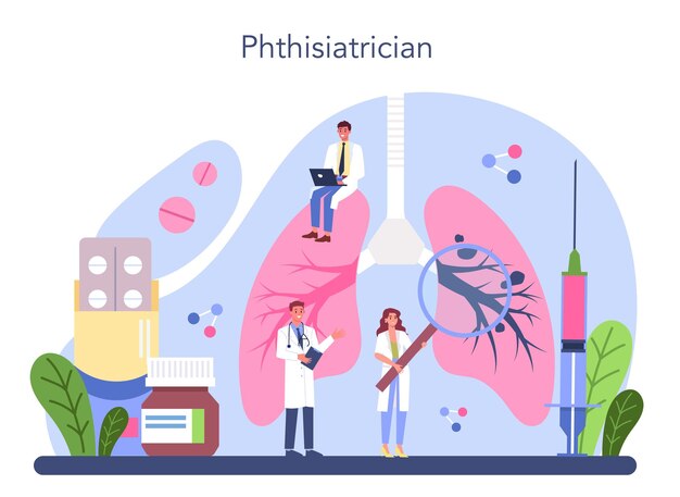 Concepto de fisiatra Médico parado en grandes pulmones y revisándolo con estetoscopio Sistema pulmonar saludable Prueba y tratamiento de tuberculosis Ilustración de vector plano aislado