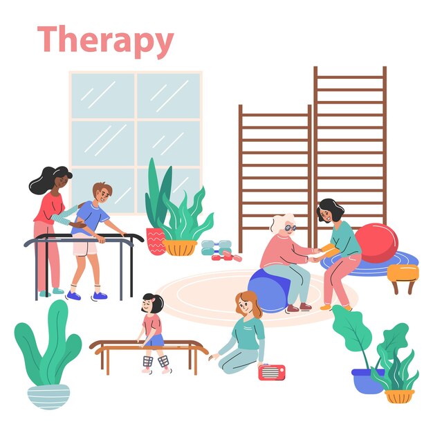 Concepto de fisioterapia y rehabilitación con símbolos de terapia ilustración vectorial plana