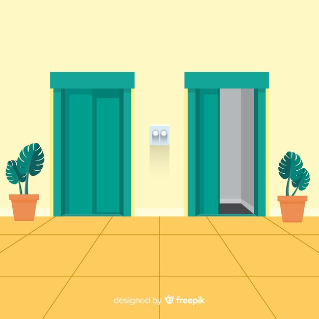 Concepto flat de ascensor con puerta abierta y cerrada
