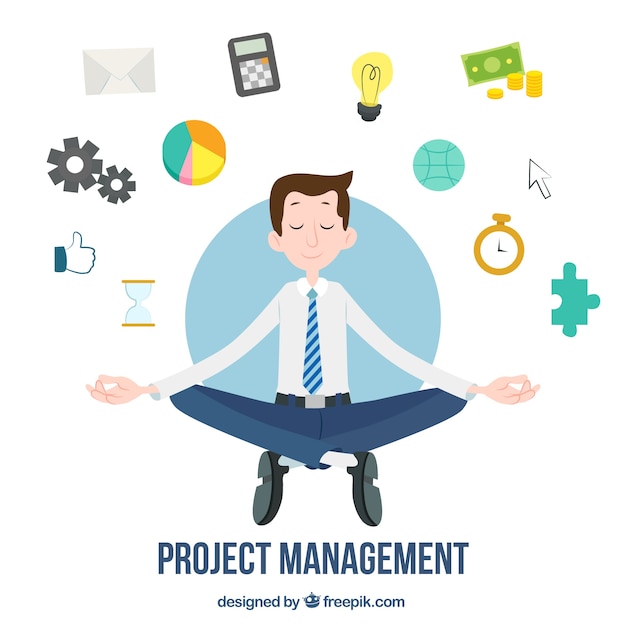 Concepto flat de gestión de proyectos con hombre haciendo yoga