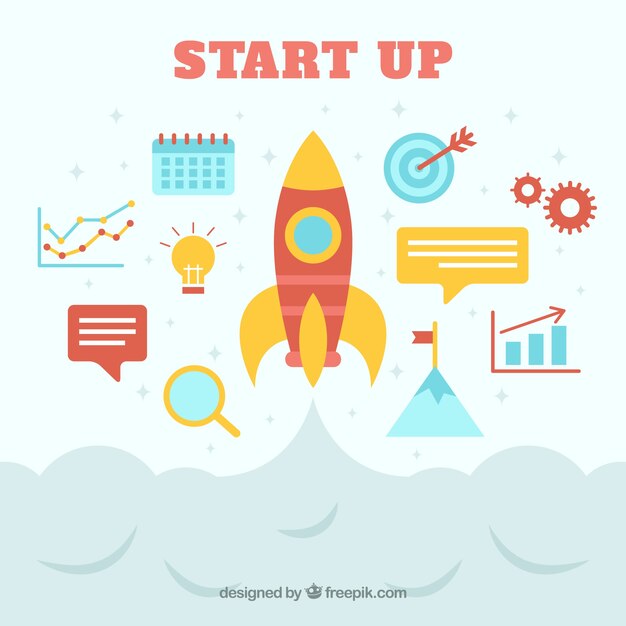 Concepto flat de start up con cohete y elementos